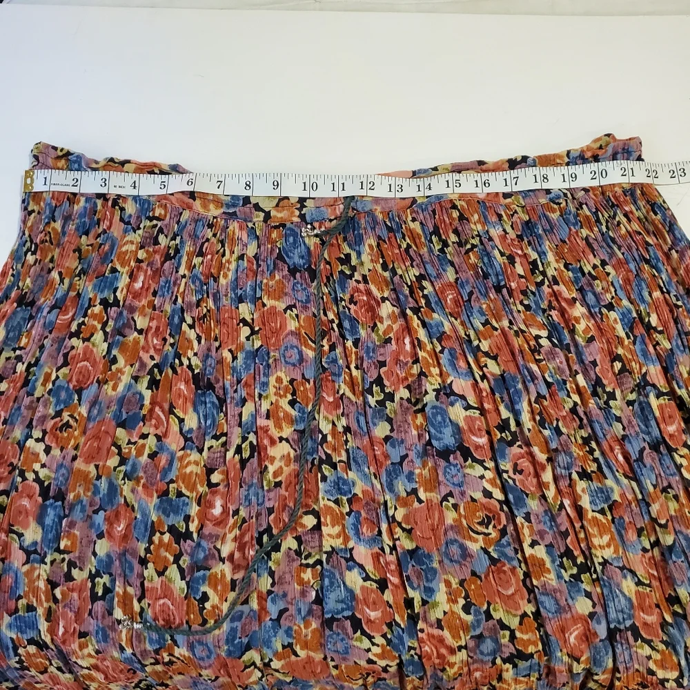 Pleated Maxi Skirt Floral Print In Fall Colors Draw String Adjustable Waist EUC